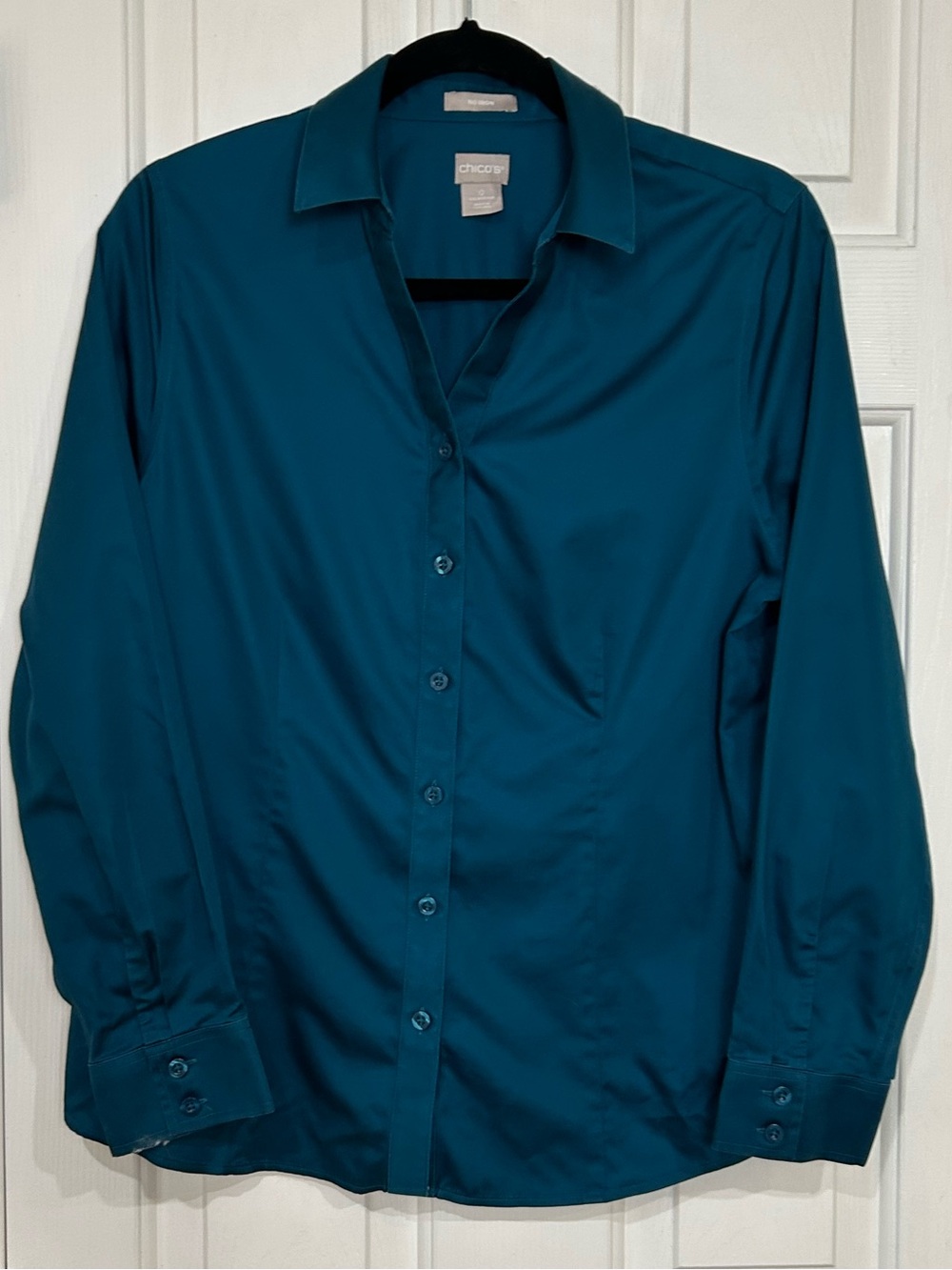 Chico's Teal Blue No Iron Button-Down Long Sleeve Shirt Sz 0 (US 4/6)